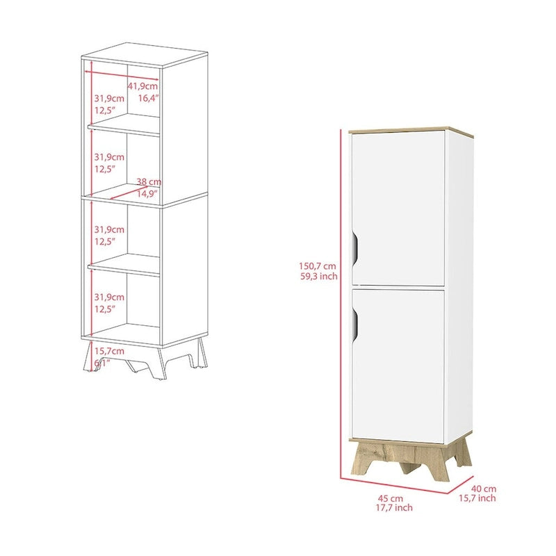 Single Kitchen Pantry Wallas, Four Shelves, Two Doors, Light Oak / White Finish