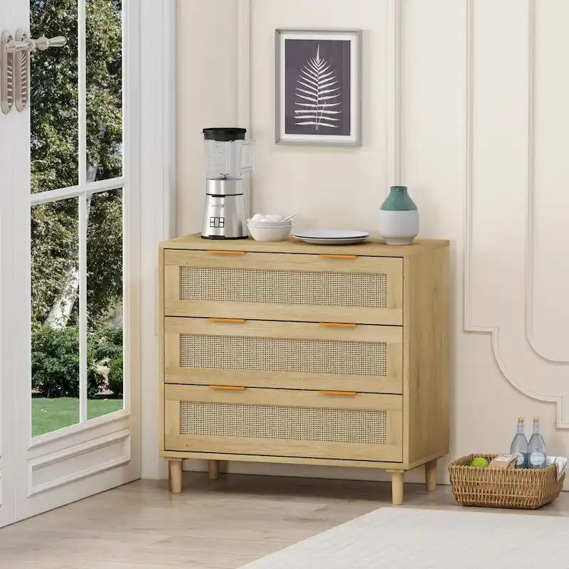 3-Drawer Rattan Storage Cabinet 31.5" - Modern Dresser with Natural Woven Drawers for Bedroom Living Room Hallway