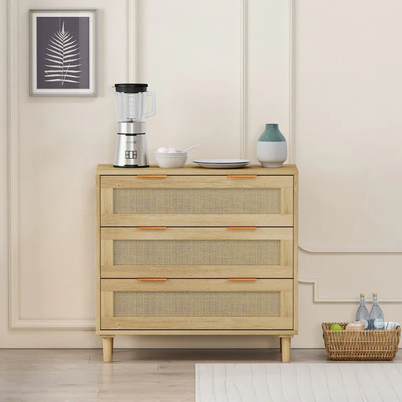 3-Drawer Rattan Storage Cabinet 31.5" - Modern Dresser with Natural Woven Drawers for Bedroom Living Room Hallway