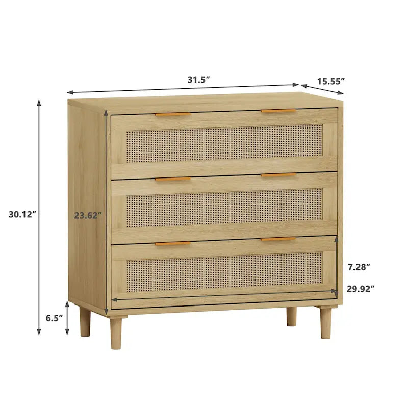 3-Drawer Rattan Storage Cabinet 31.5" - Modern Dresser with Natural Woven Drawers for Bedroom Living Room Hallway