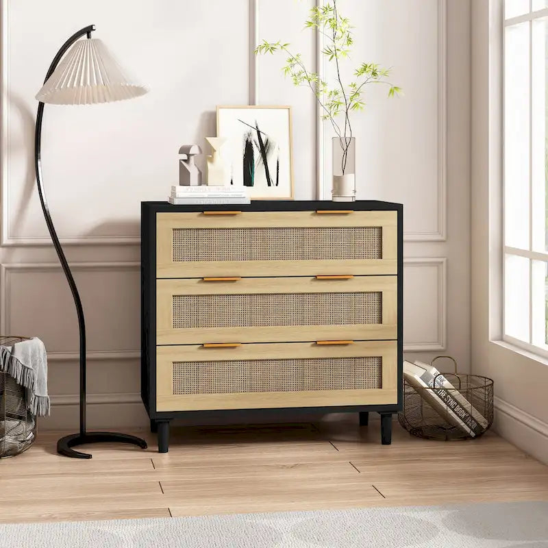3-Drawer Rattan Storage Cabinet 31.5" - Modern Dresser with Natural Woven Drawers for Bedroom Living Room Hallway