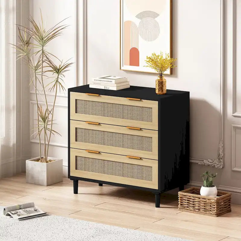 3-Drawer Rattan Storage Cabinet 31.5" - Modern Dresser with Natural Woven Drawers for Bedroom Living Room Hallway