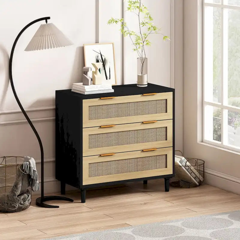 3-Drawer Rattan Storage Cabinet 31.5" - Modern Dresser with Natural Woven Drawers for Bedroom Living Room Hallway