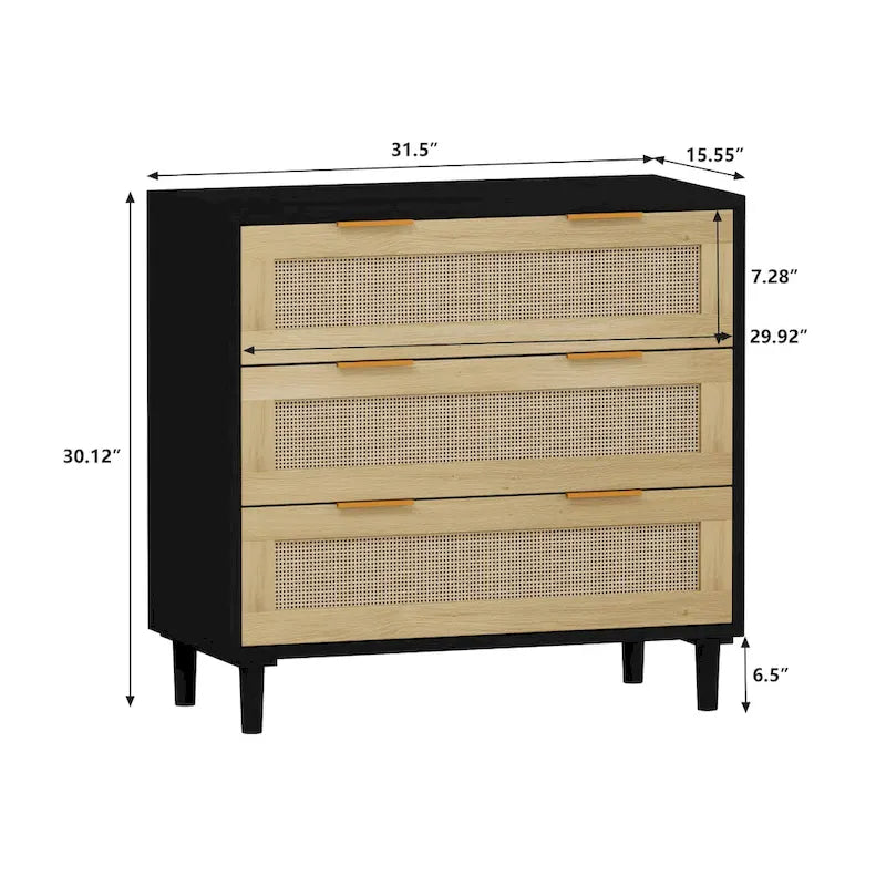 3-Drawer Rattan Storage Cabinet 31.5" - Modern Dresser with Natural Woven Drawers for Bedroom Living Room Hallway