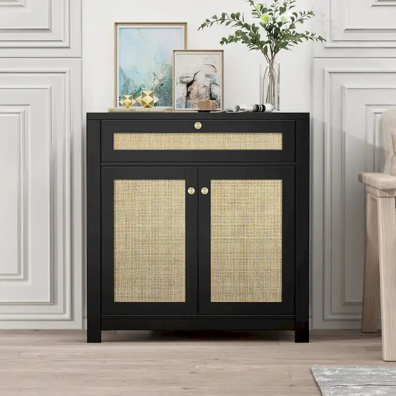 Black Rattan Cabinet with Drawer and 2 Doors Accent Cabinet with Adjustable Shelves