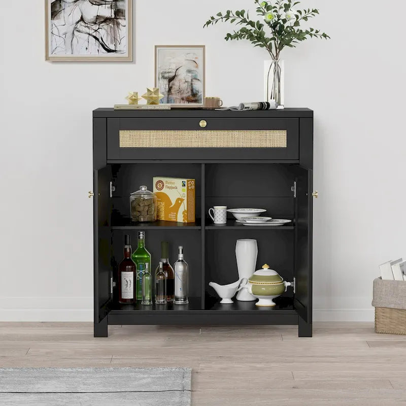 Black Rattan Cabinet with Drawer and 2 Doors Accent Cabinet with Adjustable Shelves