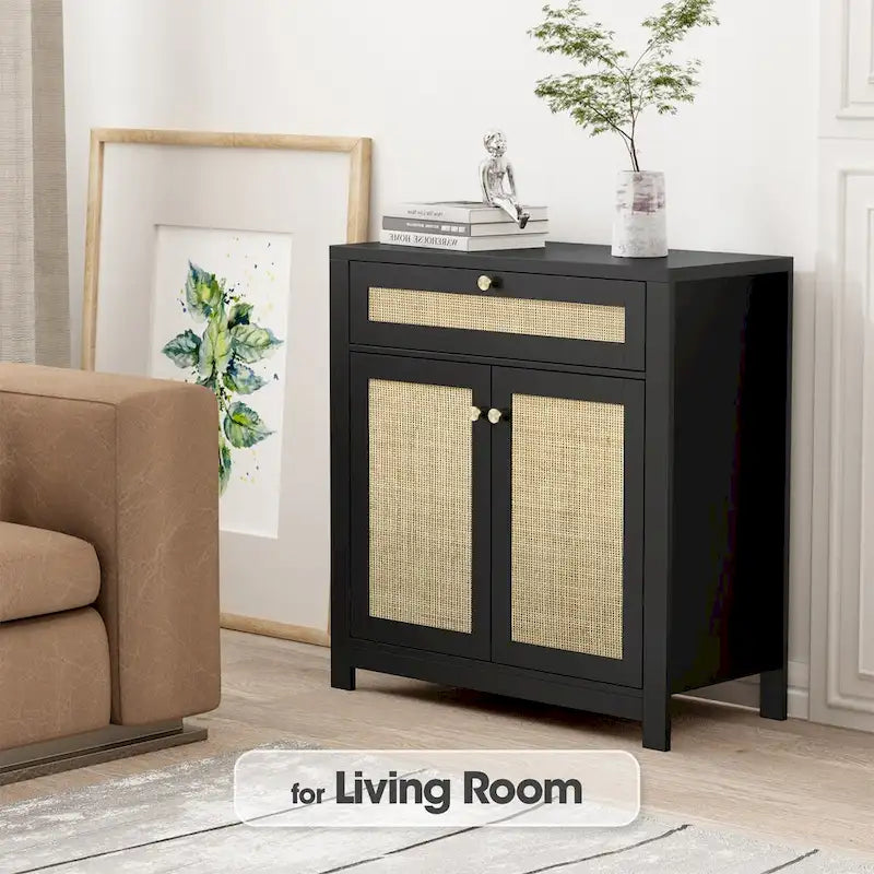 Black Rattan Cabinet with Drawer and 2 Doors Accent Cabinet with Adjustable Shelves