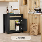 Black Rattan Cabinet with Drawer and 2 Doors Accent Cabinet with Adjustable Shelves