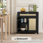 Black Rattan Cabinet with Drawer and 2 Doors Accent Cabinet with Adjustable Shelves