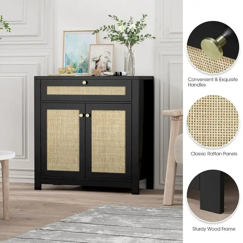 Black Rattan Cabinet with Drawer and 2 Doors Accent Cabinet with Adjustable Shelves