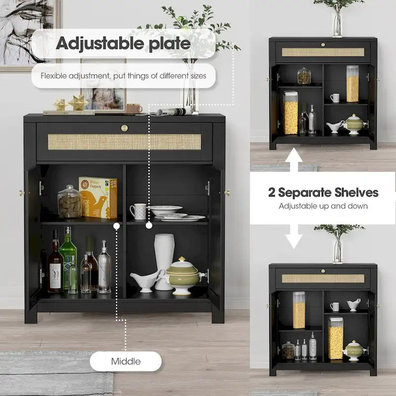 Black Rattan Cabinet with Drawer and 2 Doors Accent Cabinet with Adjustable Shelves