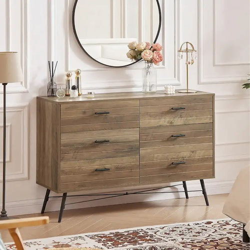 47.2" Wide 6-Drawer Dresser with Steel Frame - Modern Rustic Walnut Finish Storage Cabinet for Bedroom