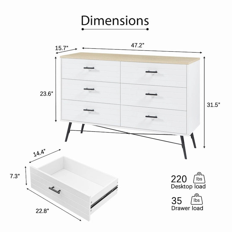 47.2" Wide 6-Drawer Dresser with Steel Frame - Modern Rustic Walnut Finish Storage Cabinet for Bedroom