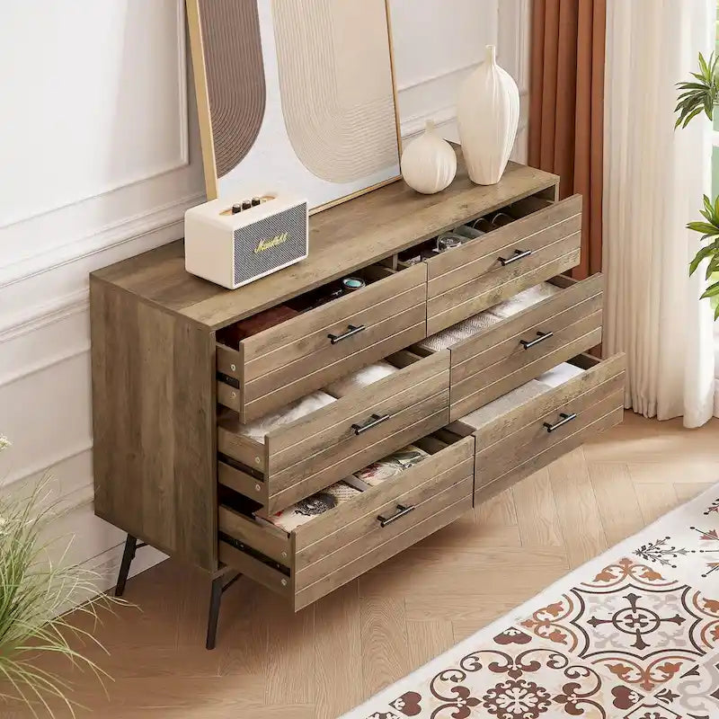 47.2" Wide 6-Drawer Dresser with Steel Frame - Modern Rustic Walnut Finish Storage Cabinet for Bedroom