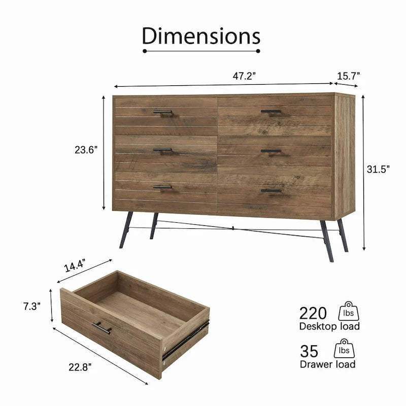47.2" Wide 6-Drawer Dresser with Steel Frame - Modern Rustic Walnut Finish Storage Cabinet for Bedroom