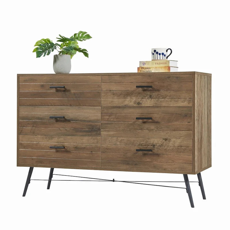 47.2" Wide 6-Drawer Dresser with Steel Frame - Modern Rustic Walnut Finish Storage Cabinet for Bedroom