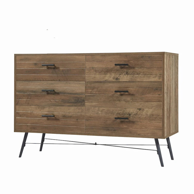 47.2" Wide 6-Drawer Dresser with Steel Frame - Modern Rustic Walnut Finish Storage Cabinet for Bedroom