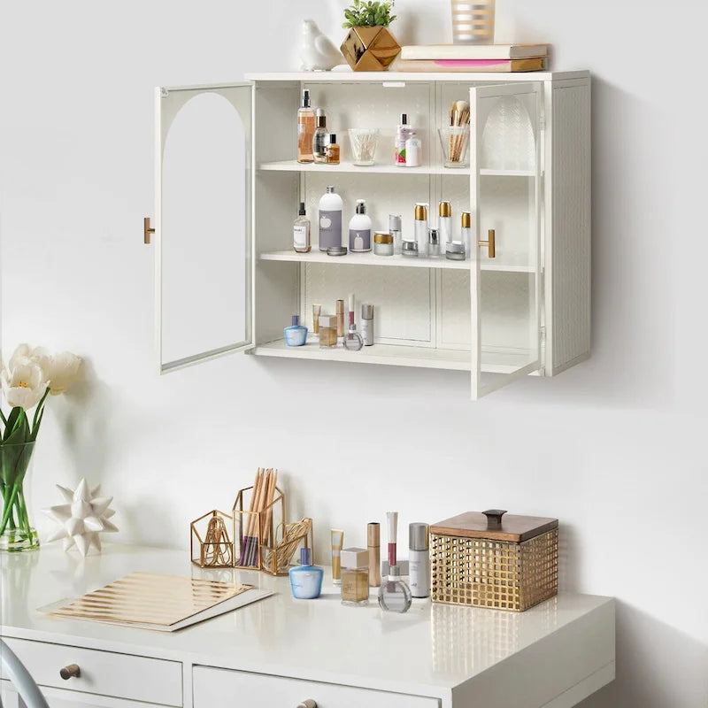 27.56 Glass Doors Modern Two-door Wall Cabinet with Featuring Three-tier Storage - N/A