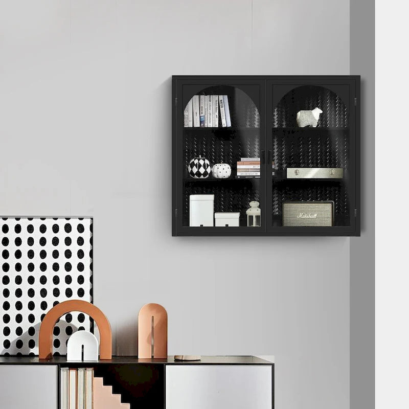 27.56 Glass Doors Modern Two-door Wall Cabinet with Featuring Three-tier Storage - N/A