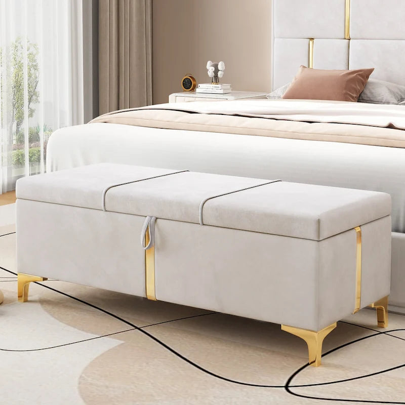 Elegant Upholstered Storage Bench with Metal Legs