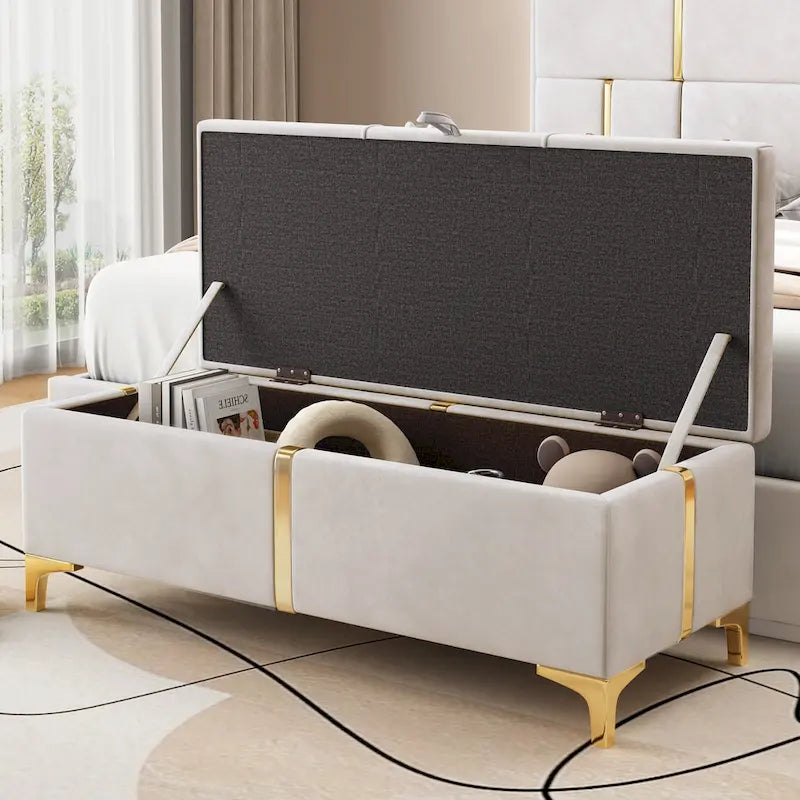 Elegant Upholstered Storage Bench with Metal Legs