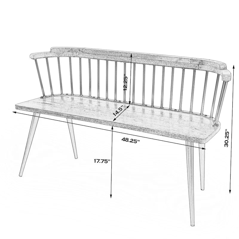 Spindle Back Bench - Solid Mango Wood & Iron Frame, 48.25" Wide, Rustic Modern Industrial Style