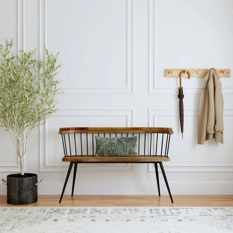 Spindle Back Bench - Solid Mango Wood & Iron Frame, 48.25" Wide, Rustic Modern Industrial Style