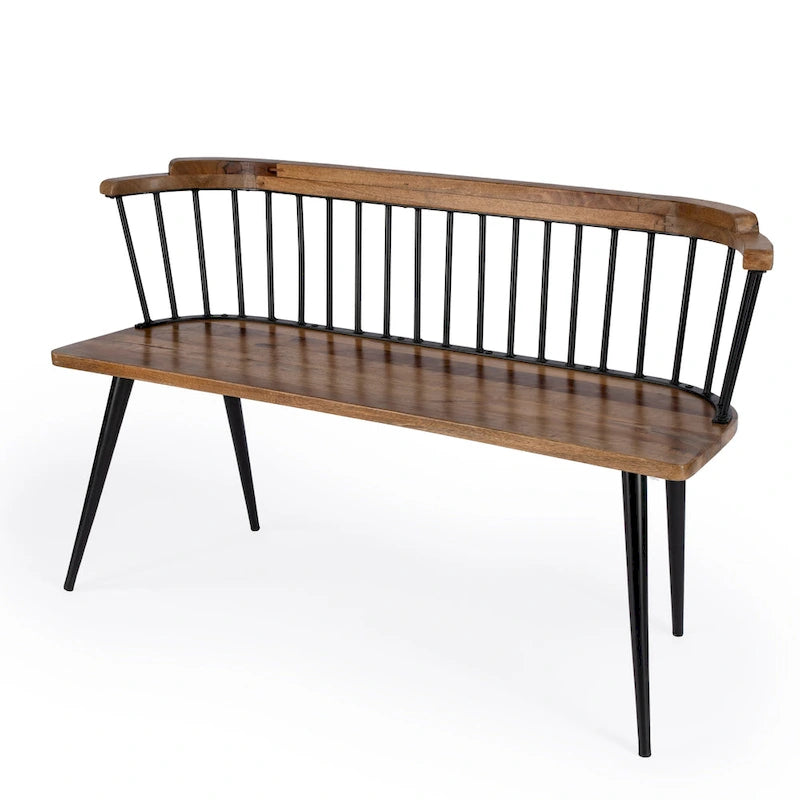 Spindle Back Bench - Solid Mango Wood & Iron Frame, 48.25" Wide, Rustic Modern Industrial Style
