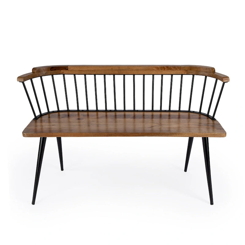 Spindle Back Bench - Solid Mango Wood & Iron Frame, 48.25" Wide, Rustic Modern Industrial Style