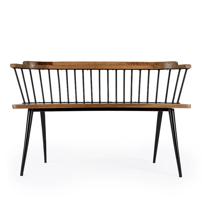 Spindle Back Bench - Solid Mango Wood & Iron Frame, 48.25" Wide, Rustic Modern Industrial Style