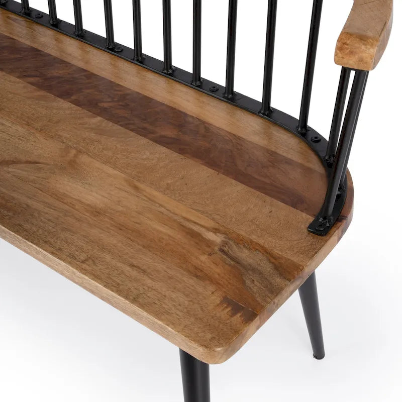 Spindle Back Bench - Solid Mango Wood & Iron Frame, 48.25" Wide, Rustic Modern Industrial Style