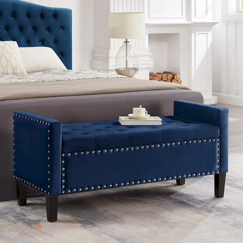 Upholstered Tufted Button Storage Bench with nails trim,Entryway Living Room Soft Padded Seat with Armrest,Bed Bench