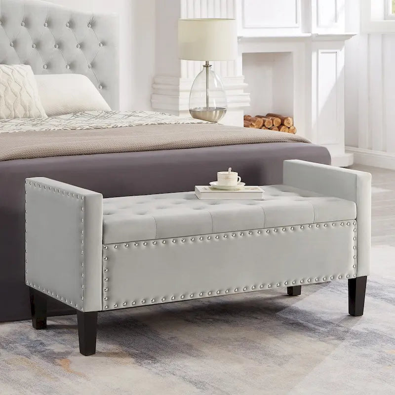 Upholstered Tufted Button Storage Bench with nails trim,Entryway Living Room Soft Padded Seat with Armrest,Bed Bench