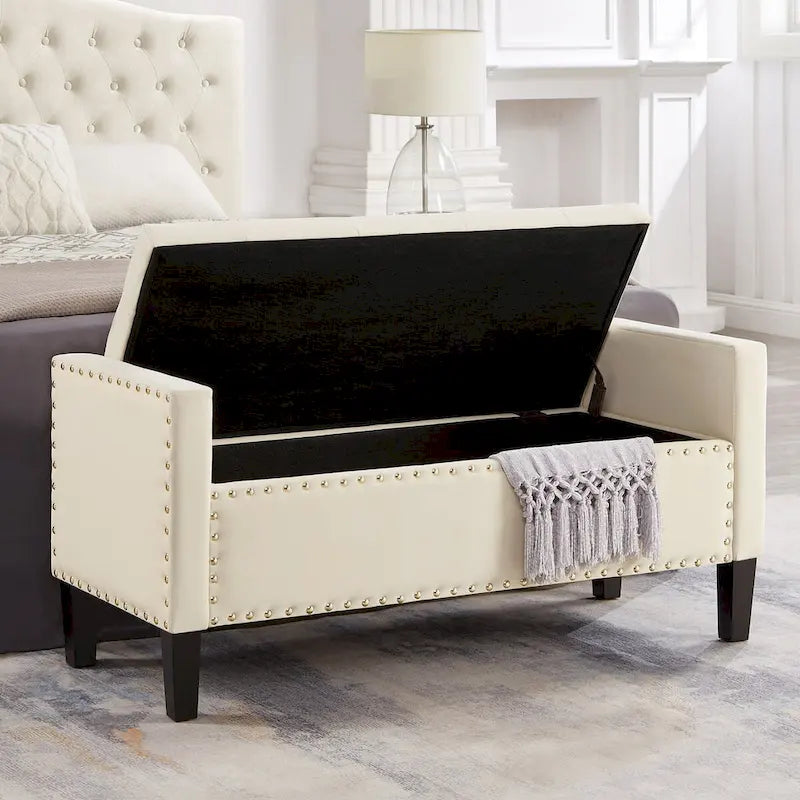 Upholstered Tufted Button Storage Bench with nails trim,Entryway Living Room Soft Padded Seat with Armrest,Bed Bench