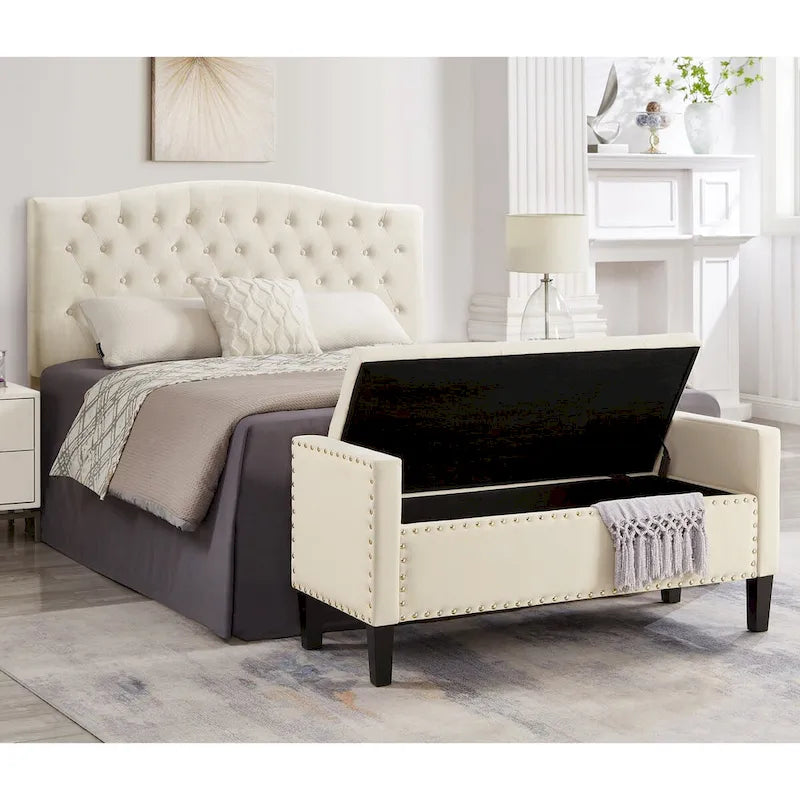 Upholstered Tufted Button Storage Bench with nails trim,Entryway Living Room Soft Padded Seat with Armrest,Bed Bench