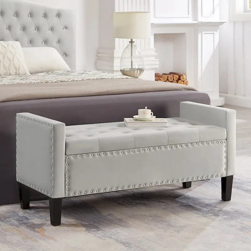 Upholstered Tufted Button Storage Bench with nails trim,Entryway Living Room Soft Padded Seat with Armrest,Bed Bench