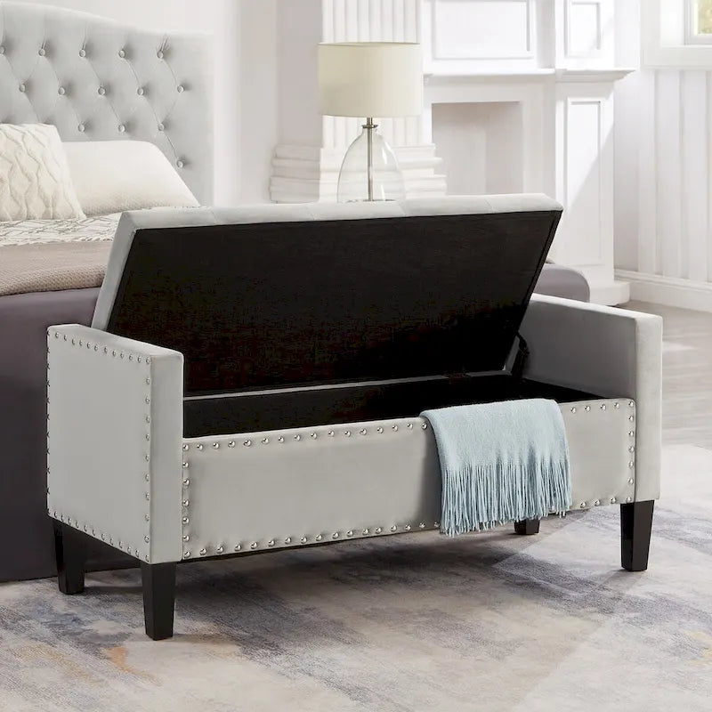Upholstered Tufted Button Storage Bench with nails trim,Entryway Living Room Soft Padded Seat with Armrest,Bed Bench