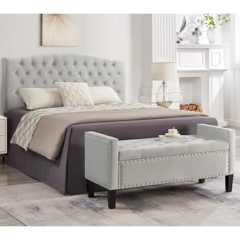 Upholstered Tufted Button Storage Bench with nails trim,Entryway Living Room Soft Padded Seat with Armrest,Bed Bench