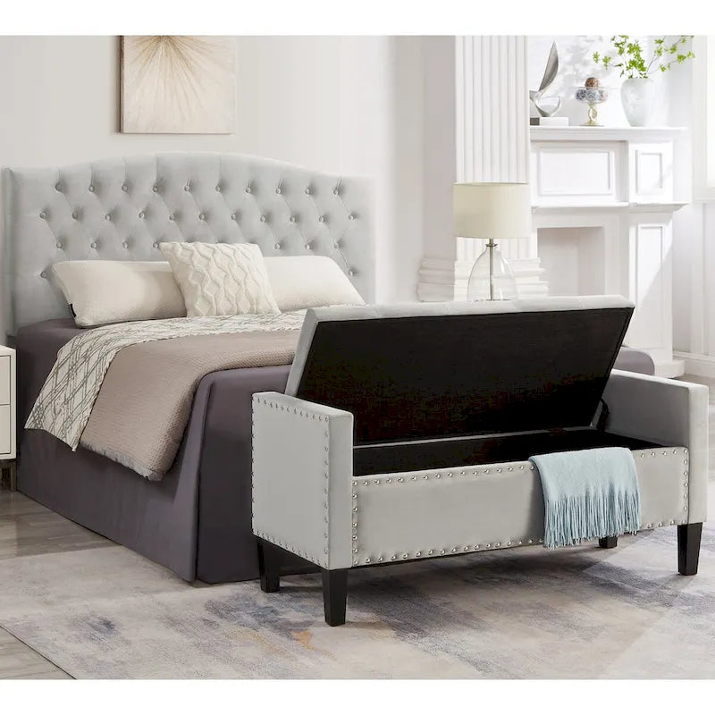 Upholstered Tufted Button Storage Bench with nails trim,Entryway Living Room Soft Padded Seat with Armrest,Bed Bench