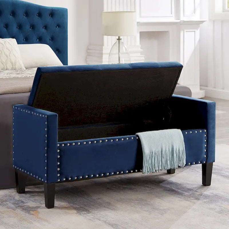 Upholstered Tufted Button Storage Bench with nails trim,Entryway Living Room Soft Padded Seat with Armrest,Bed Bench
