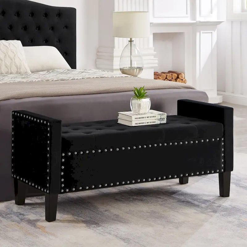 Upholstered Tufted Button Storage Bench with nails trim,Entryway Living Room Soft Padded Seat with Armrest,Bed Bench