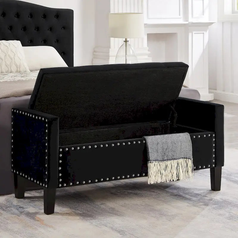 Upholstered Tufted Button Storage Bench with nails trim,Entryway Living Room Soft Padded Seat with Armrest,Bed Bench