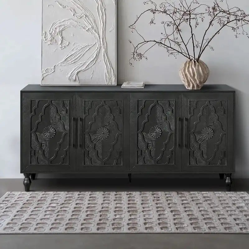 Carved Flower Door Large Storage Cabinet With Metal Handle Suitable For Living Room, Kitchen, Entryway