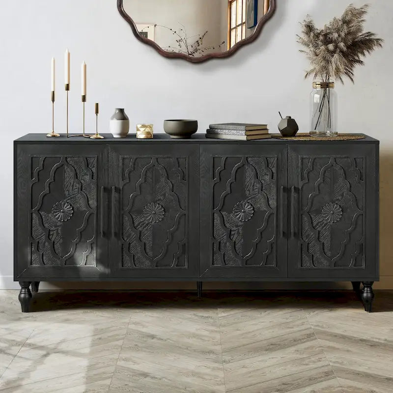 Carved Flower Door Large Storage Cabinet With Metal Handle Suitable For Living Room, Kitchen, Entryway