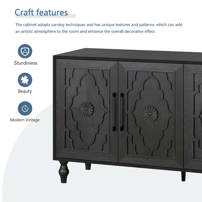 Carved Flower Door Large Storage Cabinet With Metal Handle Suitable For Living Room, Kitchen, Entryway