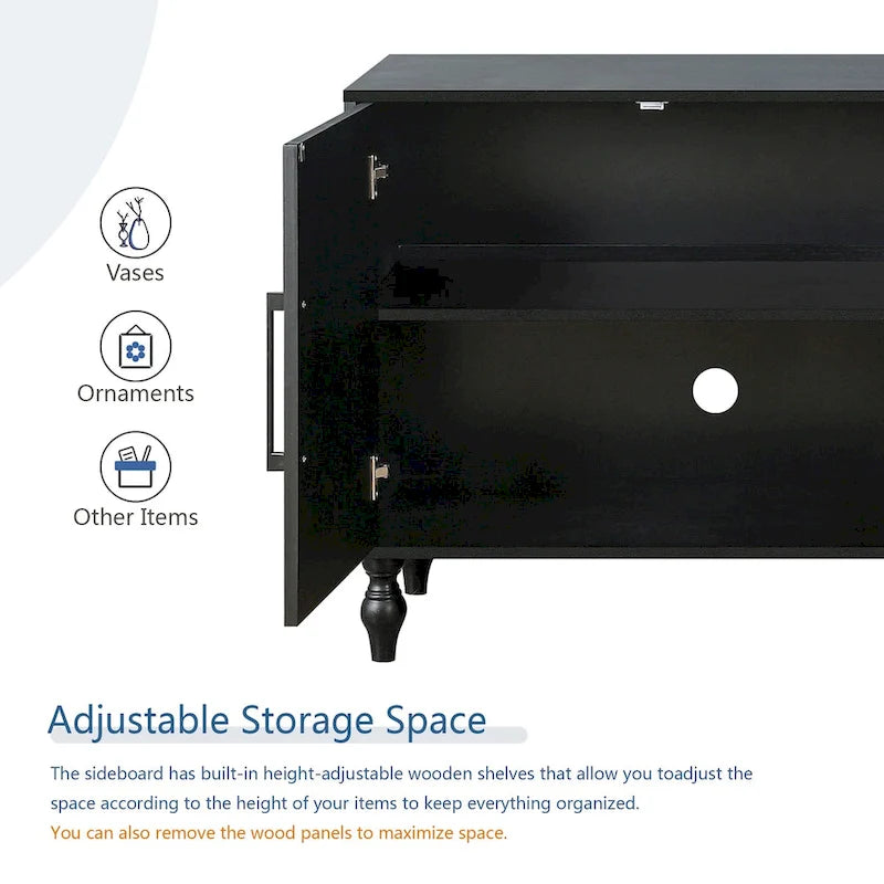 Carved Flower Door Large Storage Cabinet With Metal Handle Suitable For Living Room, Kitchen, Entryway