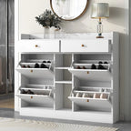 2-Tier Shoe Rack Cabinet with 4 Flip Drawers White Free Standing Storage Organizer 50.7W x 42.5H Modern Minimalist