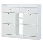 2-Tier Shoe Rack Cabinet with 4 Flip Drawers White Free Standing Storage Organizer 50.7W x 42.5H Modern Minimalist