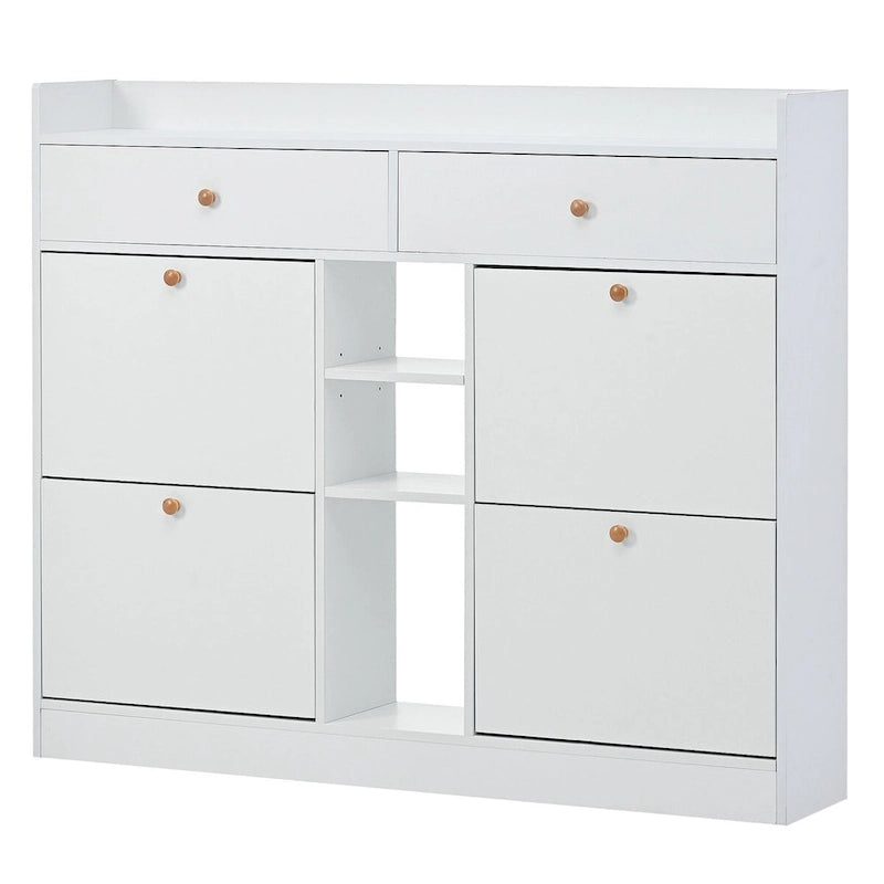 2-Tier Shoe Rack Cabinet with 4 Flip Drawers White Free Standing Storage Organizer 50.7W x 42.5H Modern Minimalist