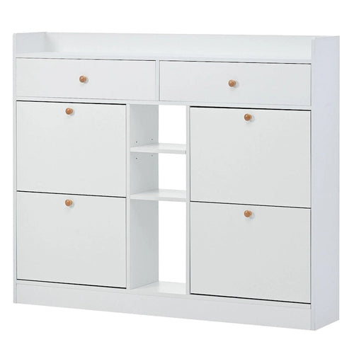 2-Tier Shoe Rack Cabinet with 4 Flip Drawers White Free Standing Storage Organizer 50.7W x 42.5H Modern Minimalist